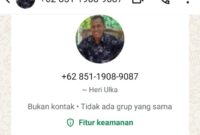 Keterangan : Ini adalah nomor handphone dan WhatsApp pelaku yang menggunakan Profil An.Heri Ulka (Foto Hasil Layar Tangkap)