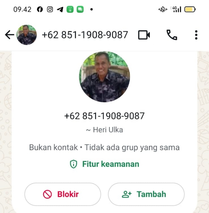Keterangan : Ini adalah nomor handphone dan WhatsApp pelaku yang menggunakan Profil An.Heri Ulka (Foto Hasil Layar Tangkap)