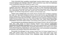 Surat Rekomendasi Majelis Ulama Indonesia  (MUI) Pusat, mengenai pengembalian tanah wakaf Blang Padang kepada Masjid Raya Baiturrahman Banda Aceh