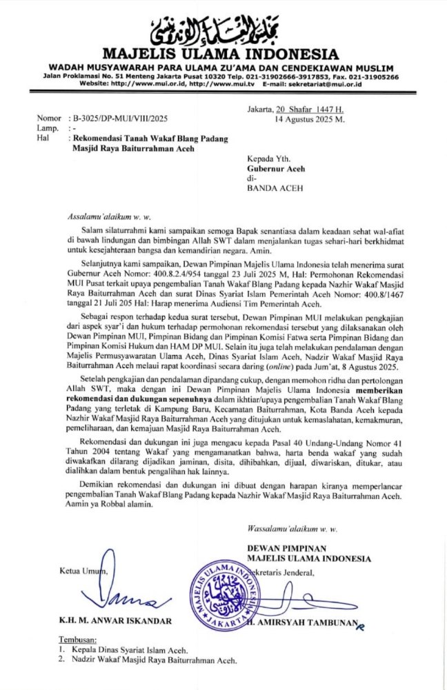 Surat Rekomendasi Majelis Ulama Indonesia  (MUI) Pusat, mengenai pengembalian tanah wakaf Blang Padang kepada Masjid Raya Baiturrahman Banda Aceh