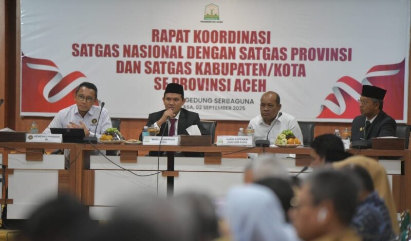 Wakil Gubernur Aceh, Fadhlullah, SE menyampaikan sambutan sekaligus membuka rapat koordinasi satgas nasional provinsi dan satgas kabupaten/kota se- Aceh dalam rangka percepatan pelaksanaan program koperasi desa digedung serbaguna Setda Aceh (2/9/2025).