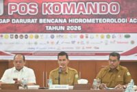 Sekda Aceh, M. Nasir, S.IP, MPA di dampingi Kadis DLHK Aceh, A Hanan melakukan rapat koordinasi dengan Tim Pemanfaatan kayu hanyutan akibat bencana banjir di ruang rapat potensi Daerah Setda Aceh, Senin (26/1/2026)