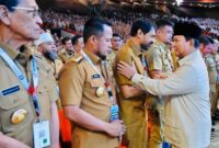 Presiden Republik Indonesia Prabowo Subianto menyalami Gubernur Aceh, Muzakir Manaf disela-sela mengikuti Rakornas Pemerintah Pusat & Daerah Tahun 2026 di Sentul, Senin (2/2/2026). Foto: Biro Adpim Setda Aceh.